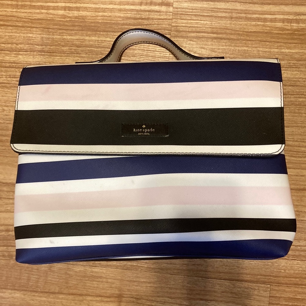 Kate Spade Navy, White, Pink, and Black Striped Makeup Travel Bag
